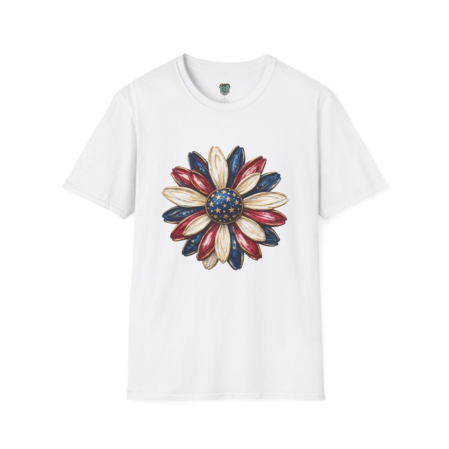 PATRIOTIC SUNFLOWER TSHIRT - RED, WHITE AND BLUE AMERICAN FLAG FLORAL GRAPHIC TEE