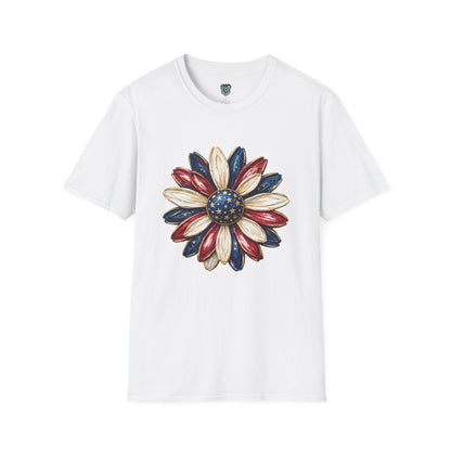 PATRIOTIC SUNFLOWER TSHIRT - RED, WHITE AND BLUE AMERICAN FLAG FLORAL GRAPHIC TEE