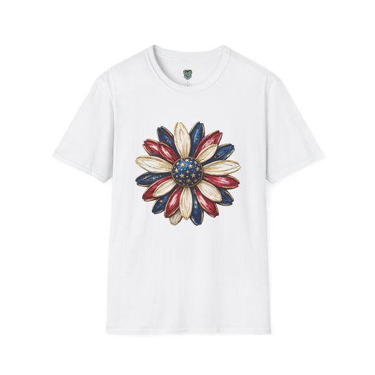 PATRIOTIC SUNFLOWER TSHIRT - RED, WHITE AND BLUE AMERICAN FLAG FLORAL GRAPHIC TEE