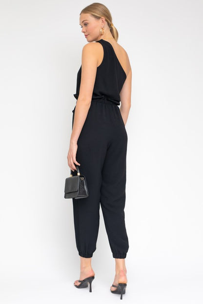 SLEEVELESS ONE SHOULDER WAIST TIE JUMPSUIT