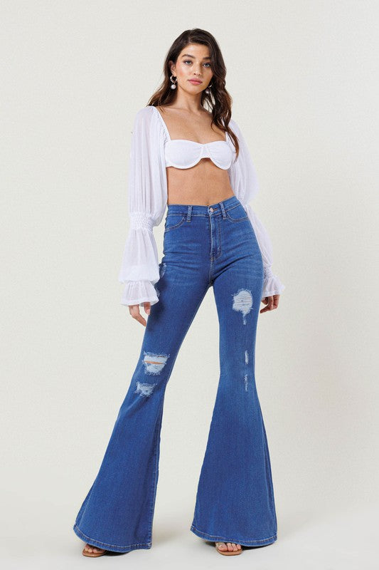 High-Rise Distressed Flare Jeans