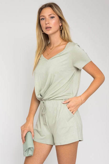 S/S V-Neck Front Overlap Romper