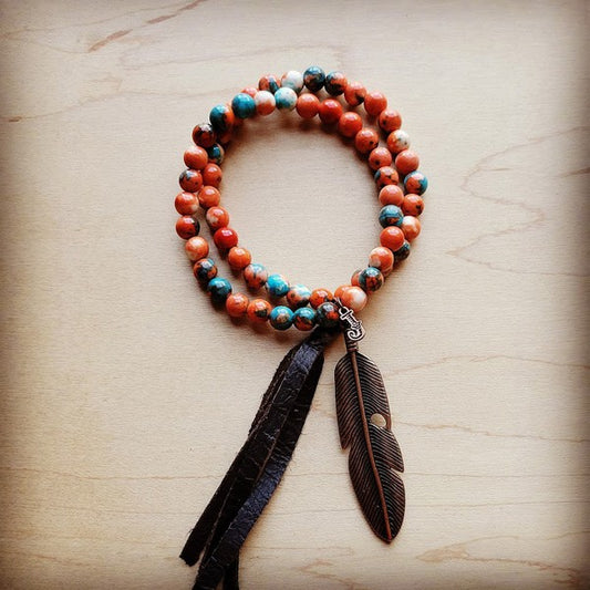 Multi Double Jade Bracelet w/ Feather and Tassel