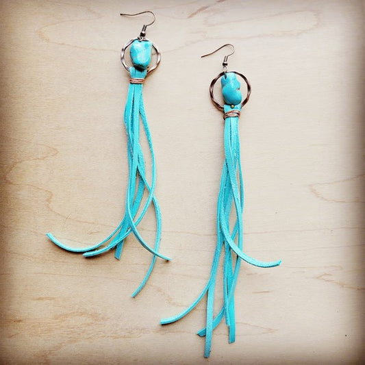 Turq Earrings w/ Light Turquoise Leather Tassel