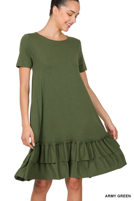 SHORT SLEEVE ROUND NECK RUFFLE HEM DRESS