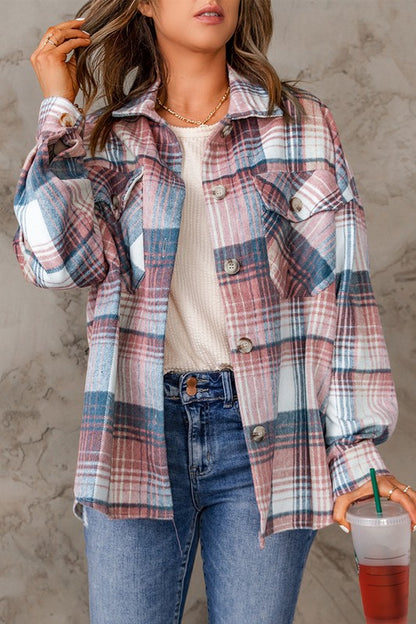 Pink Plaid Flap Pockets Shacket