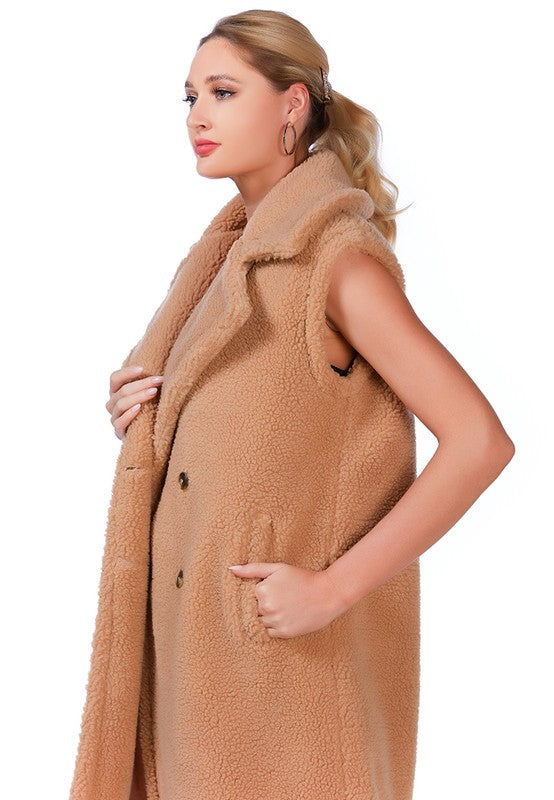 Sleeveless Double Breasted Teddy Coat