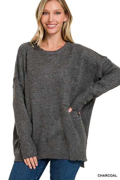 Melange Hi-Low Hem Pocket Sweater