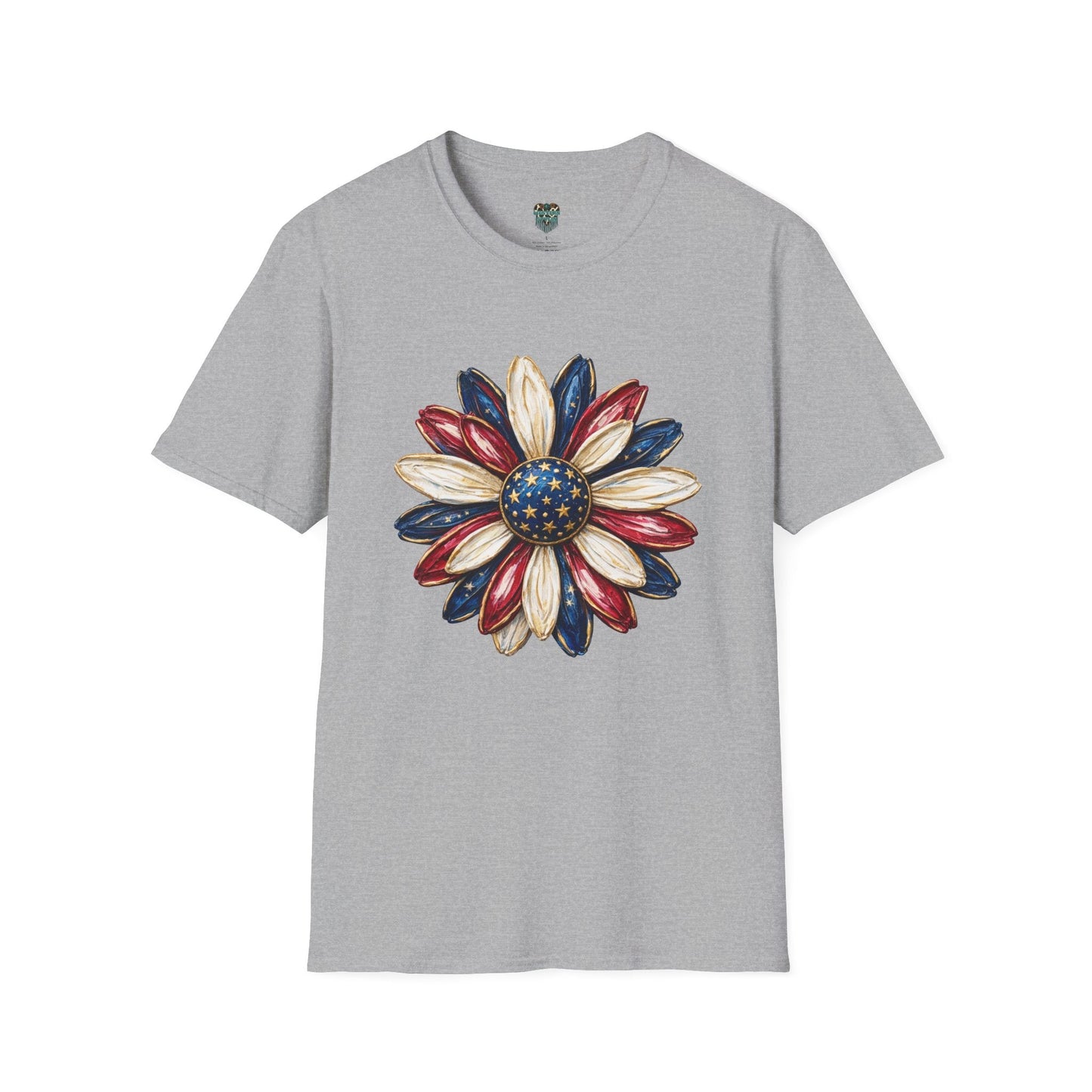 PATRIOTIC SUNFLOWER TSHIRT - RED, WHITE AND BLUE AMERICAN FLAG FLORAL GRAPHIC TEE