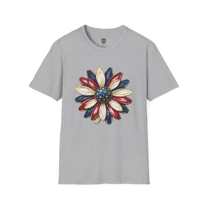PATRIOTIC SUNFLOWER TSHIRT - RED, WHITE AND BLUE AMERICAN FLAG FLORAL GRAPHIC TEE