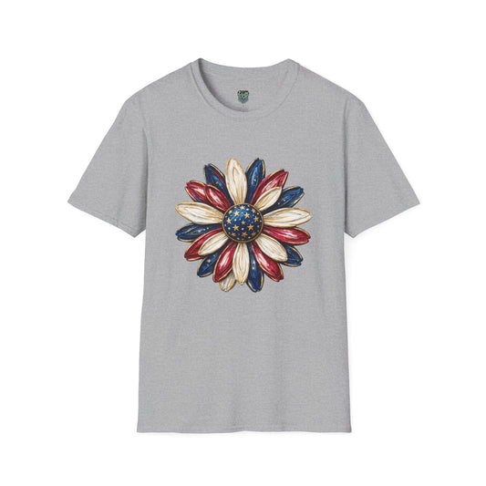 PATRIOTIC SUNFLOWER TSHIRT - RED, WHITE AND BLUE AMERICAN FLAG FLORAL GRAPHIC TEE