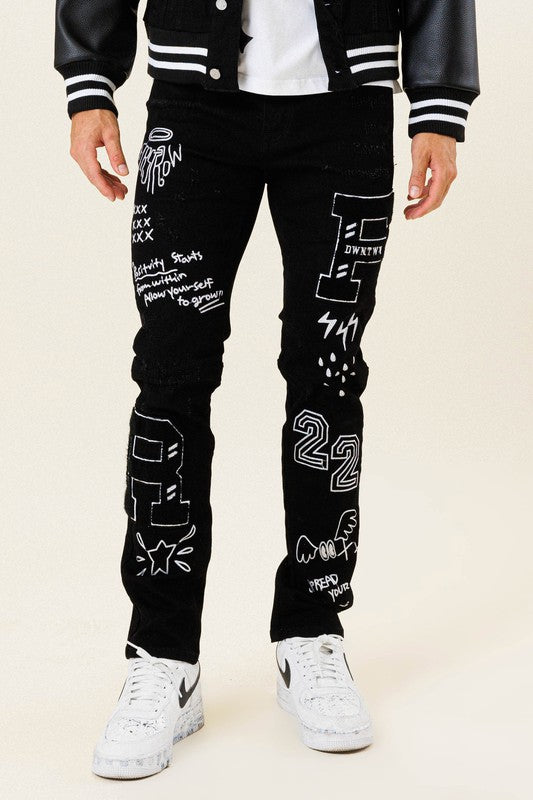 Multi Patch Slim Fit Black Denim Pants