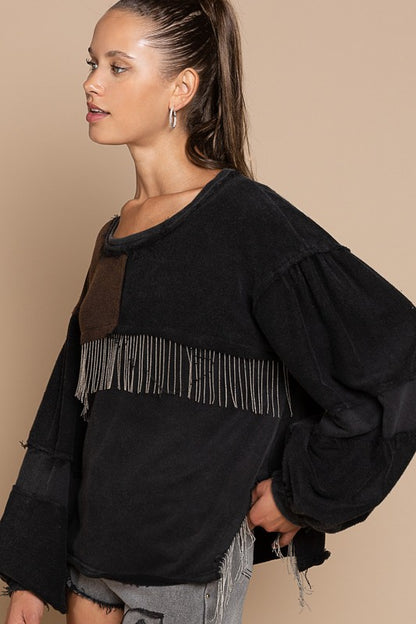 Metal Fringe Detailed French Terry Top