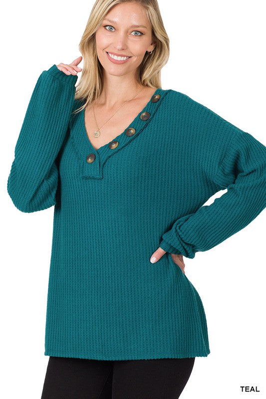 Brushed Thermal Waffle Button Detail Sweater