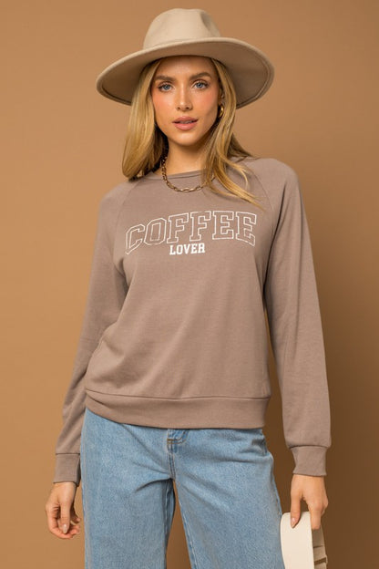 Long Sleeve Coffee Lover Graphic Print Top