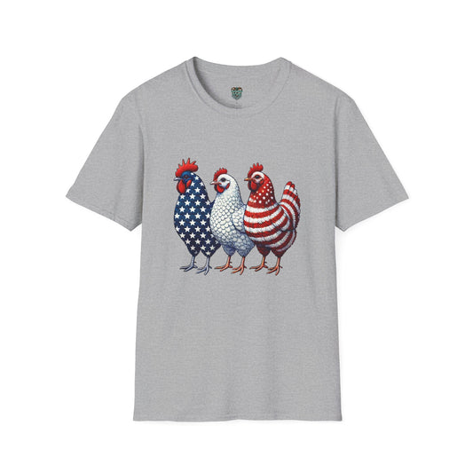 PATRIOTIC FARM CHICKENS TSHIRT - AMERICAN FLAG ROOSTER TRIO GRAPHIC TEE