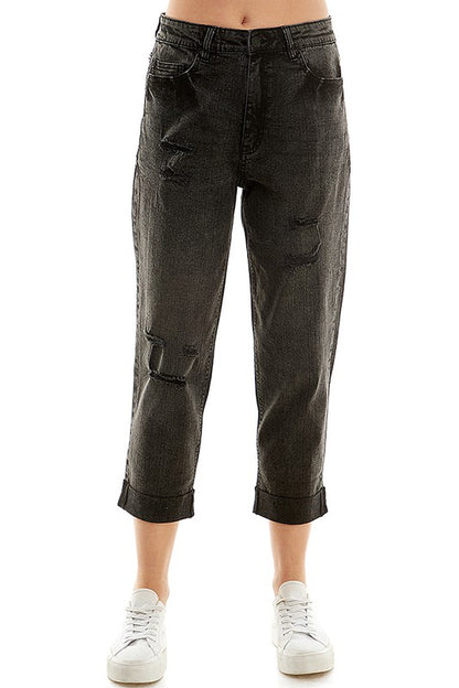 ROOL-UP DISTRESSED  HIGH RISE STRETCH MOM JEANS