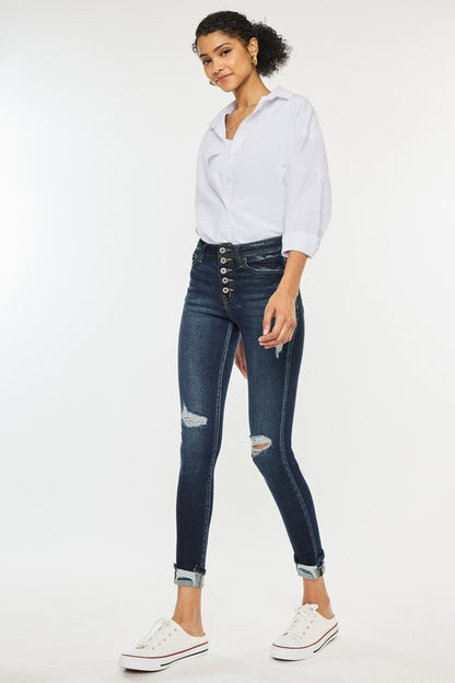 High Rise Button Down Cuffed Ankle Skinny Jeans