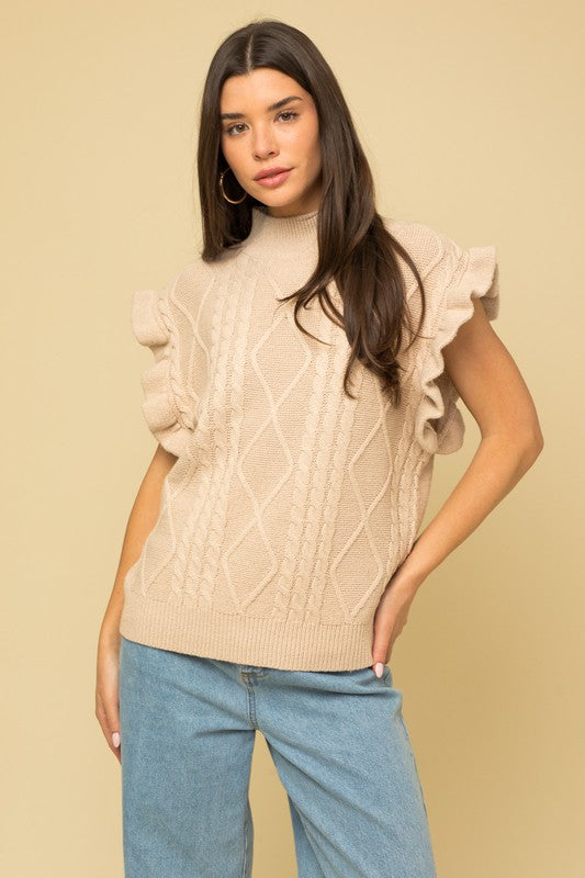 Cable Knit Ruffle Sweater Vest