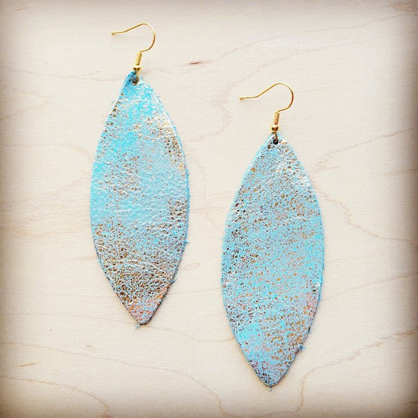 Narrow Leather Oval Earrings-Heavy Metal Turquoise