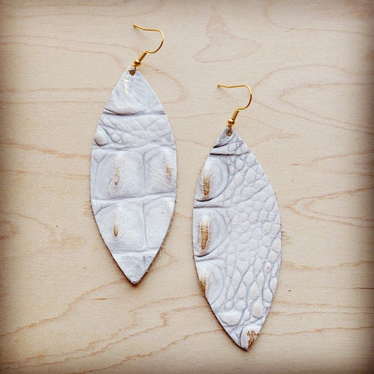 Narrow Leather Oval Earrings-White and Gold Gator