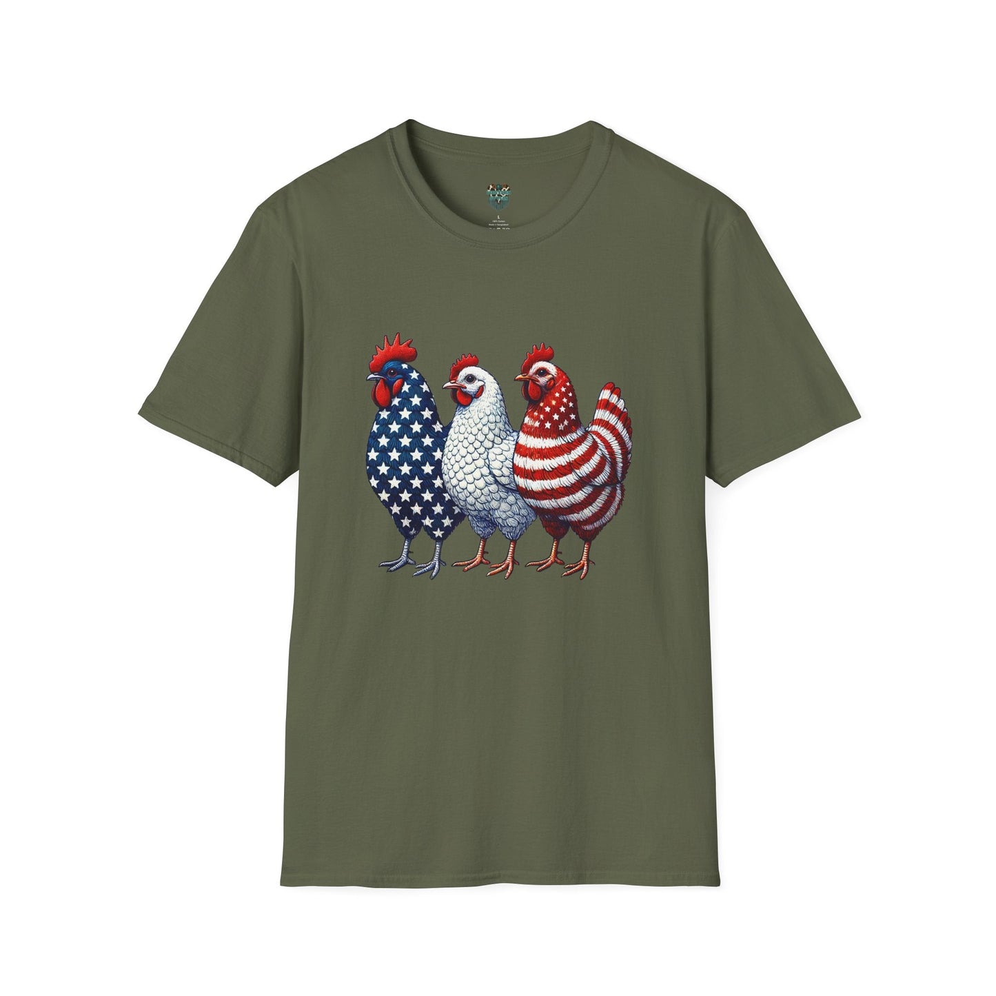 PATRIOTIC FARM CHICKENS TSHIRT - AMERICAN FLAG ROOSTER TRIO GRAPHIC TEE