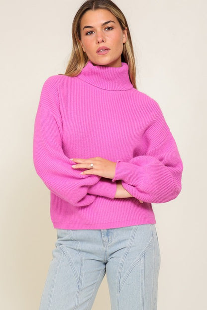 Rib Knitted Turtleneck Sweater with Bishop Sleeve