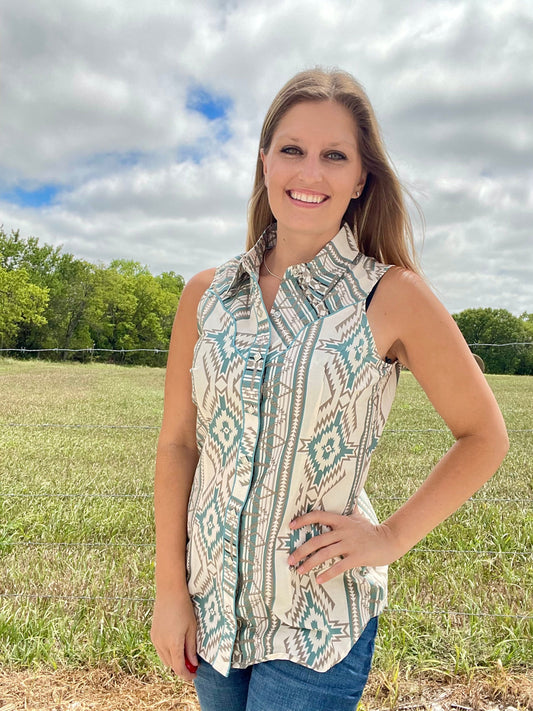 SOUTHWESTERN PRINT SLEEVELESS SNAP TANK- SALE