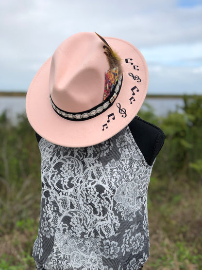 Pastel pink fedora with Rhinestone Western with feathers