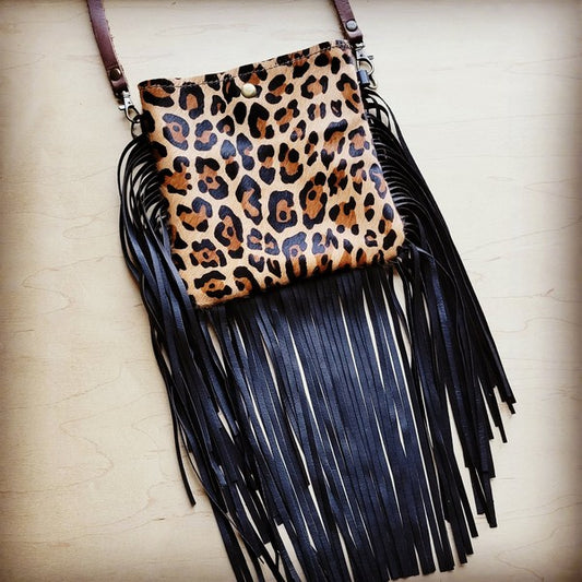 Small Crossbody Handbag w/ Leopard Hide & Fringe