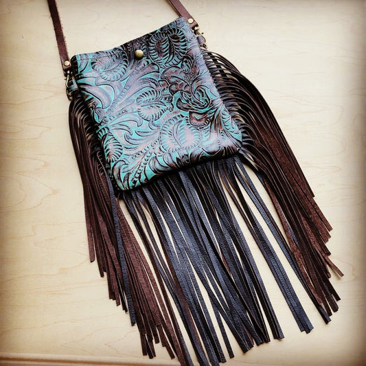 Small Crossbody Handbag Turq Floral Leather Fringe