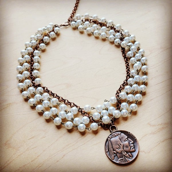 Pearl & Copper Collar-Length Necklace w/ Coin