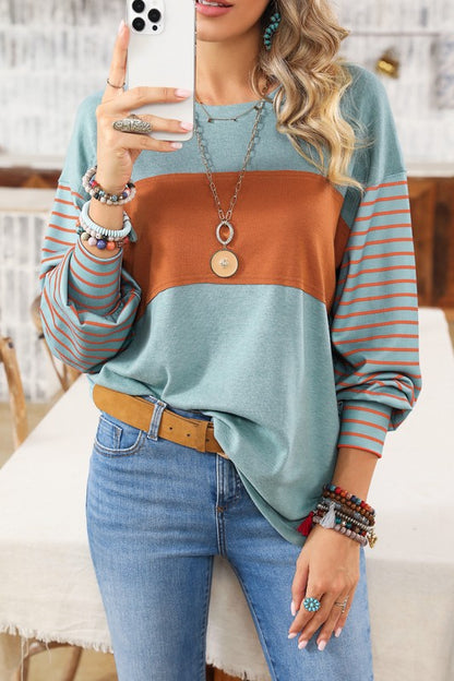 Colorblock Striped Bishop Sleeve Side Slits Top