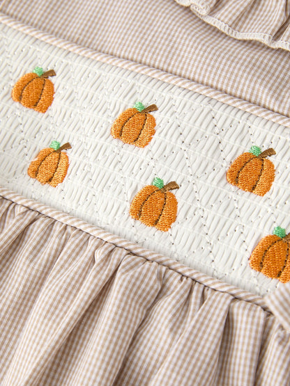 Fall Thanksgiving Pumpkin Embroidery Smock Plaid Girls Dress