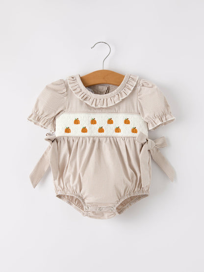 Fall Halloween & Thanksgiving Pumpkin Embroidery Smock Plaid Baby Girl Romper