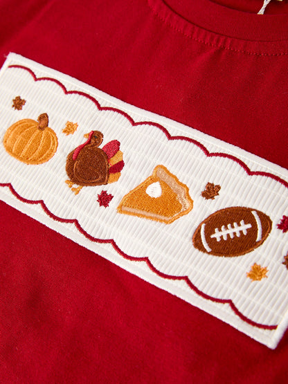 Fall Turkey Embroidered Boy Set – Orange Checkered with Thanksgiving Details