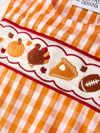 Fall Turkey Embroidered Romper for Baby Boys – Orange Checkered with Thanksgiving Details