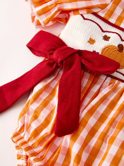 Turkey Fall Embroidered Romper for Baby Girls – Orange Checkered with Thanksgiving Details