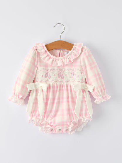 Pink Plaid Ruffle Ballet Shoe Embroidery Long Sleeve Romper