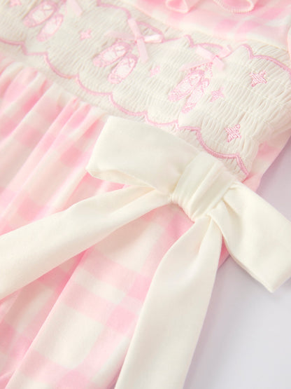 Pink Plaid Ruffle Ballet Shoe Embroidery Long Sleeve Romper