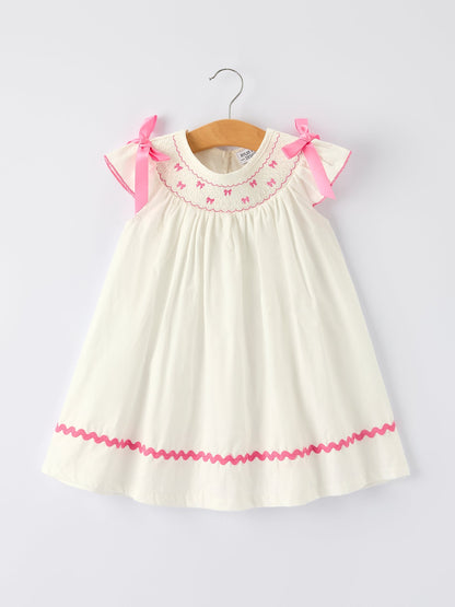 Spring White Girls Dress with Pink Bow Embroidery