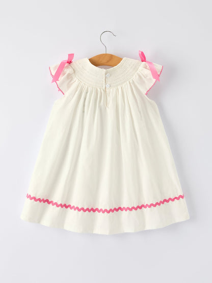Spring White Girls Dress with Pink Bow Embroidery