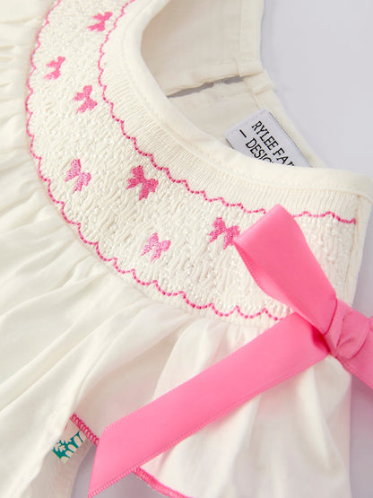 Spring White Girls Dress with Pink Bow Embroidery