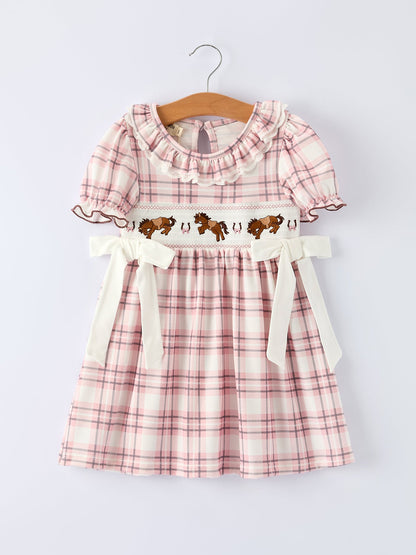 Western Horse Embroidered Smocked Plaid Girls Dress