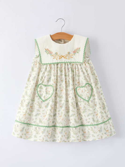 Vintage Floral Duck Embroidery Spring Girl Dress