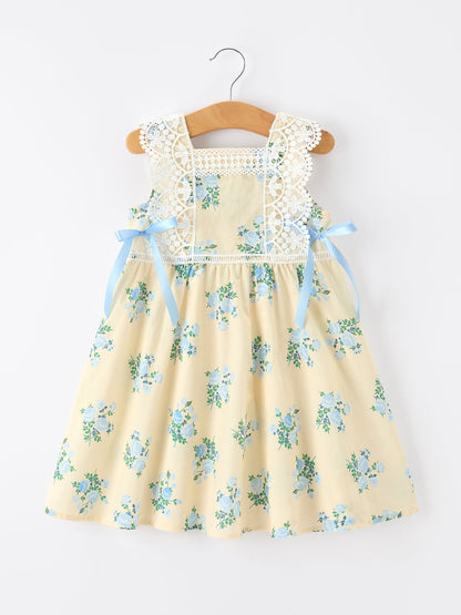 Lace-trimmed Bow Girls' Dress-Pink/Blue