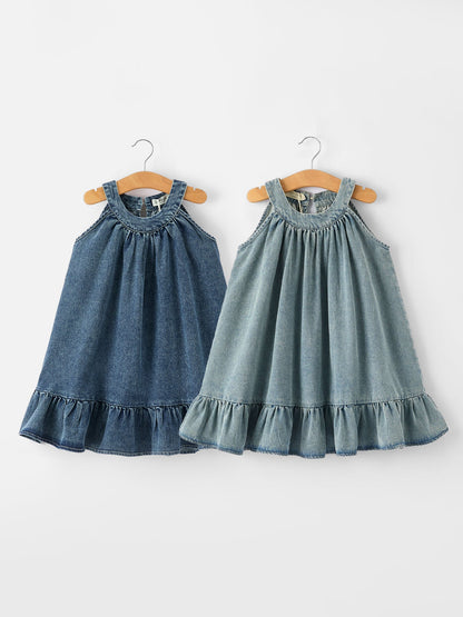 Girls Denim Ruffle Trim A-Line Dress
