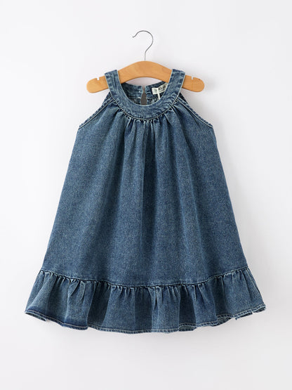 Girls Denim Ruffle Trim A-Line Dress