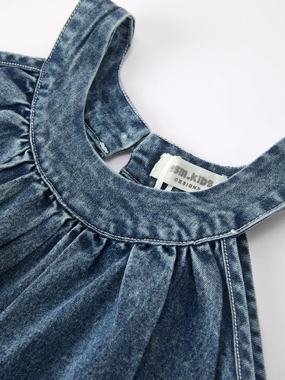 Girls Denim Ruffle Trim A-Line Dress