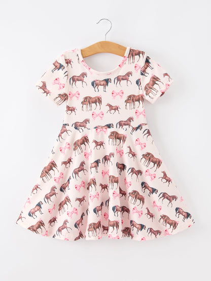 Girls Western Horse Print Twirl Dress Short Sleeve
